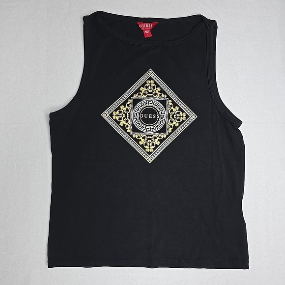 Guess Tops - Guess Womens Tank Top Gold Silver Logo Black Size L Large Rhinestone Summer